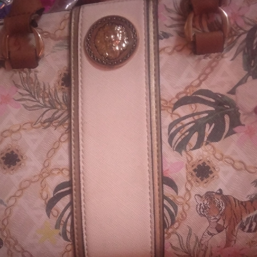 Aldo Cream Canvas Tote with Brown Accents and Floral Tiger Print